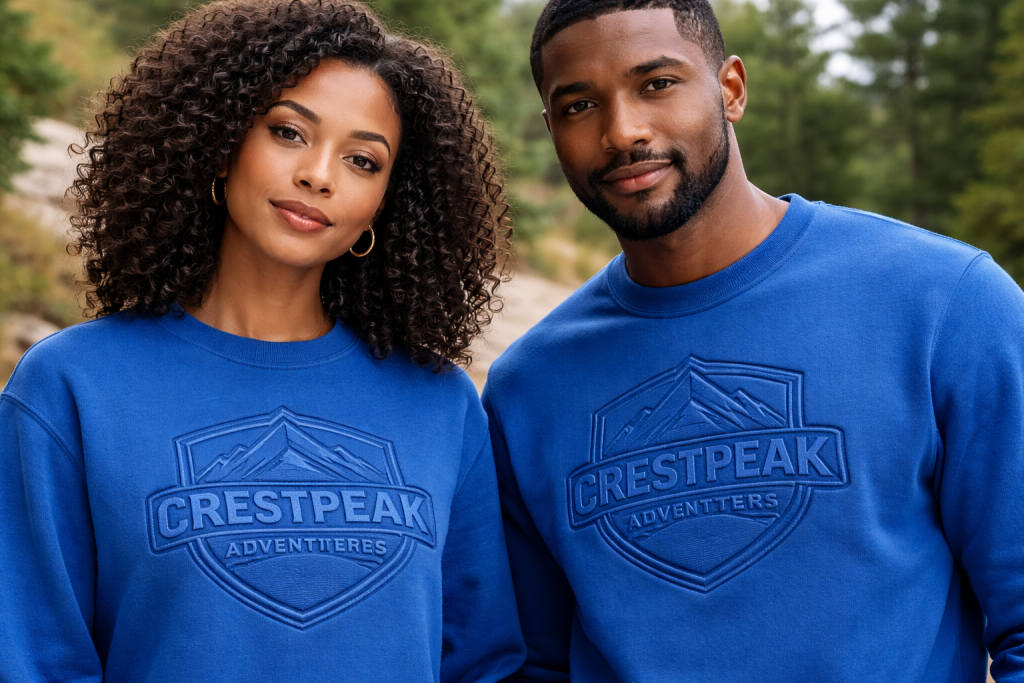 Two people wearing royal blue sweatshirts with a bold embossed crest logo
